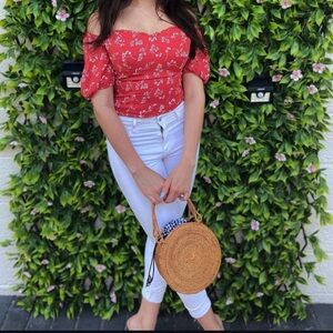 Abercrombie red floral puff sleeve square neck top